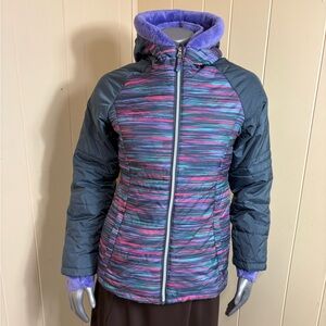 Free Country Puffer Jacket Girls XL (16) Purple Gray Stripe Hooded Double Zipper
